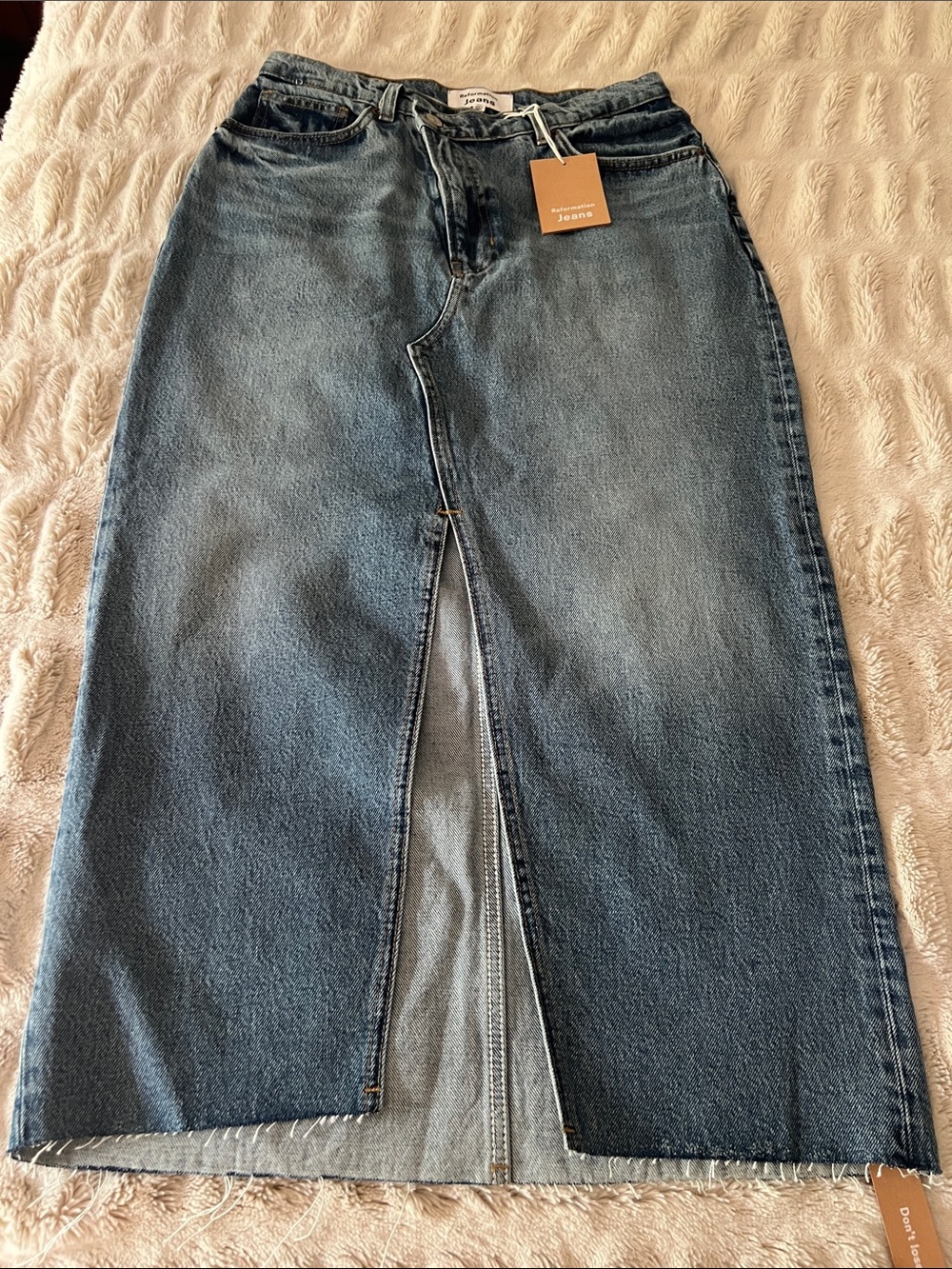 Reformation Blue Denim Front-Slit Midi Skirt